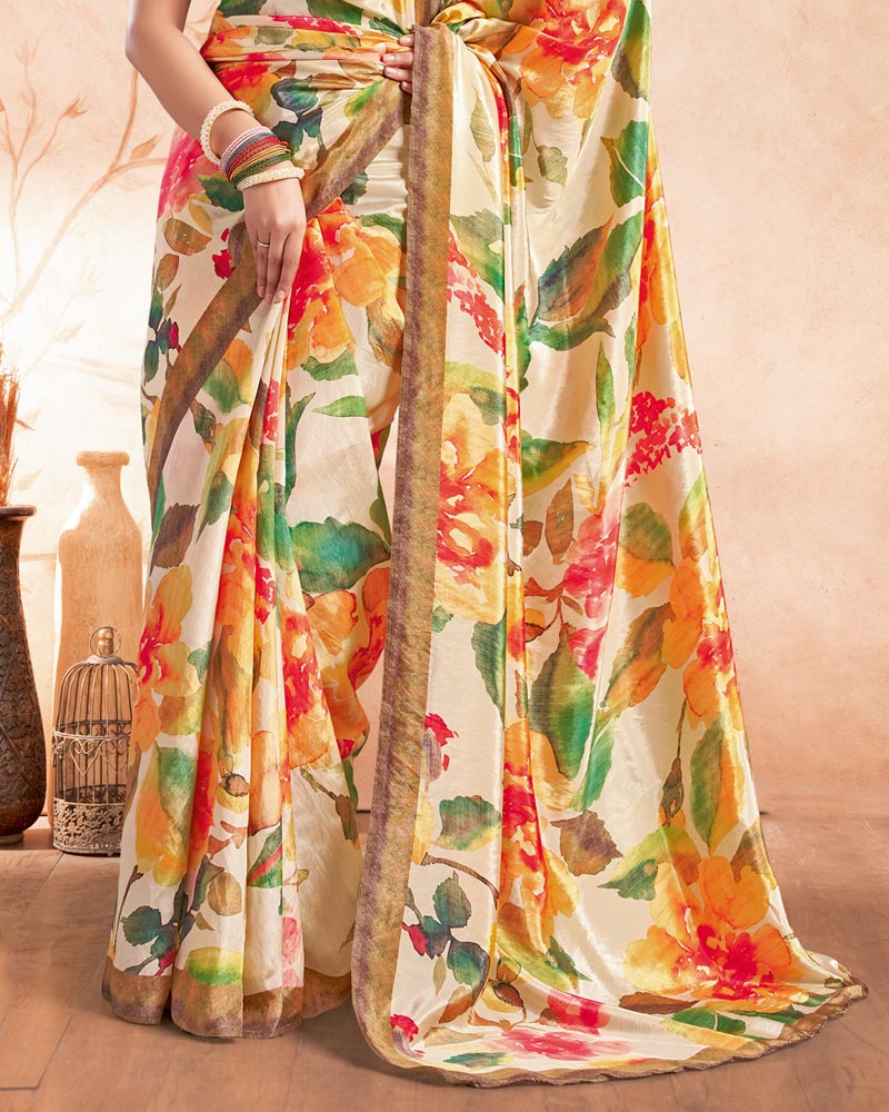 Vishal Prints Beige Designer Premium Printed Crepe Silk Saree