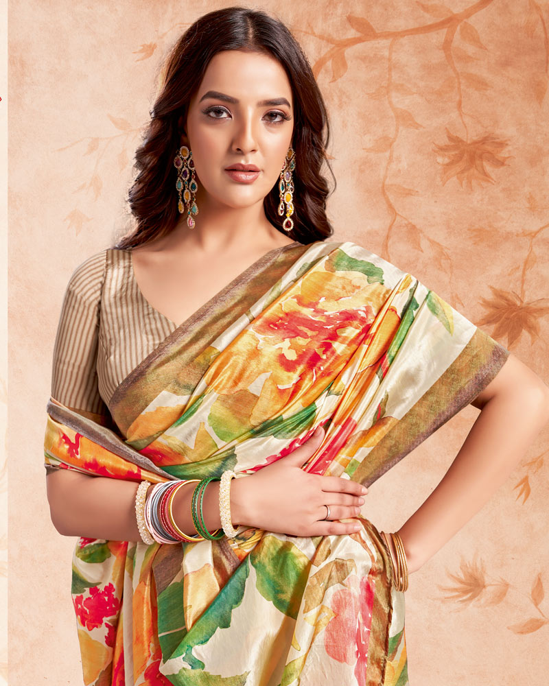 Vishal Prints Beige Designer Premium Printed Crepe Silk Saree
