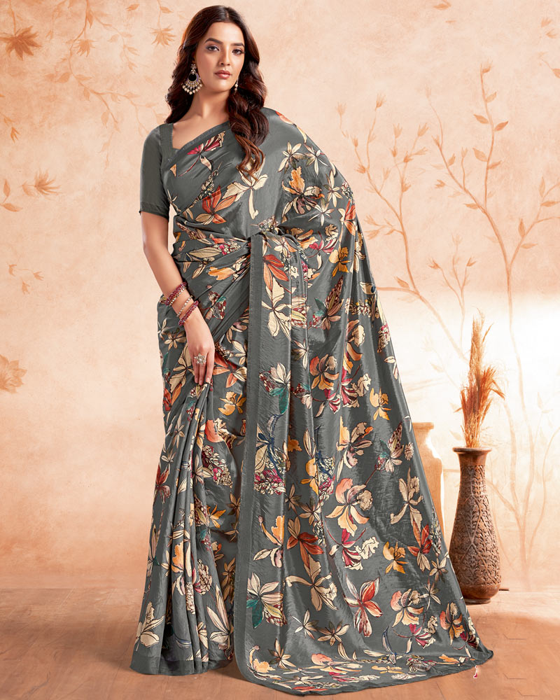 Vishal Prints Grey Designer Premium Printed Crepe Silk Saree