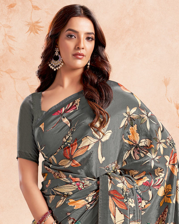 Vishal Prints Grey Designer Premium Printed Crepe Silk Saree