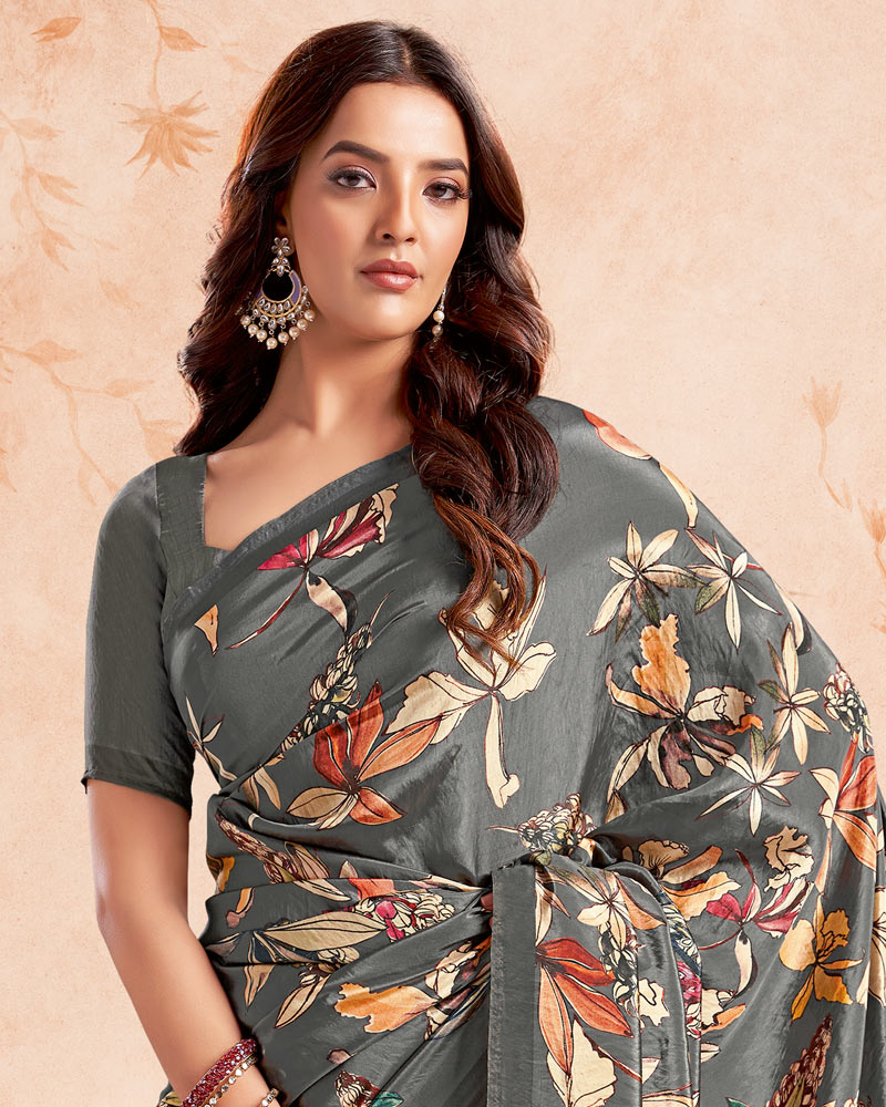 Vishal Prints Grey Designer Premium Printed Crepe Silk Saree