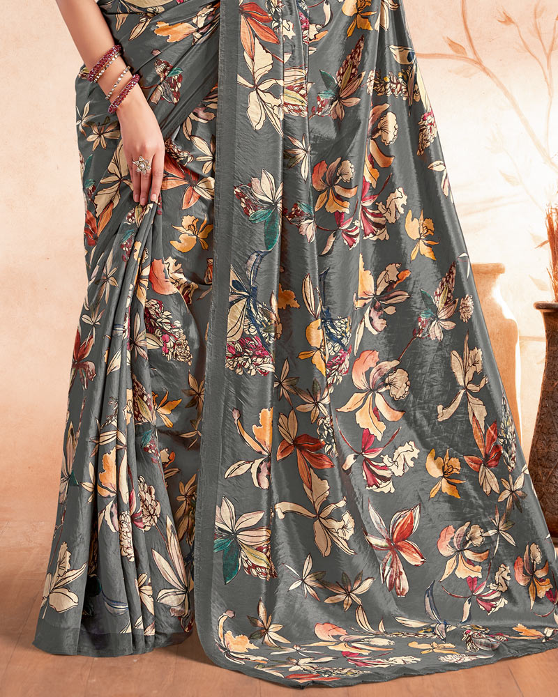 Vishal Prints Grey Designer Premium Printed Crepe Silk Saree