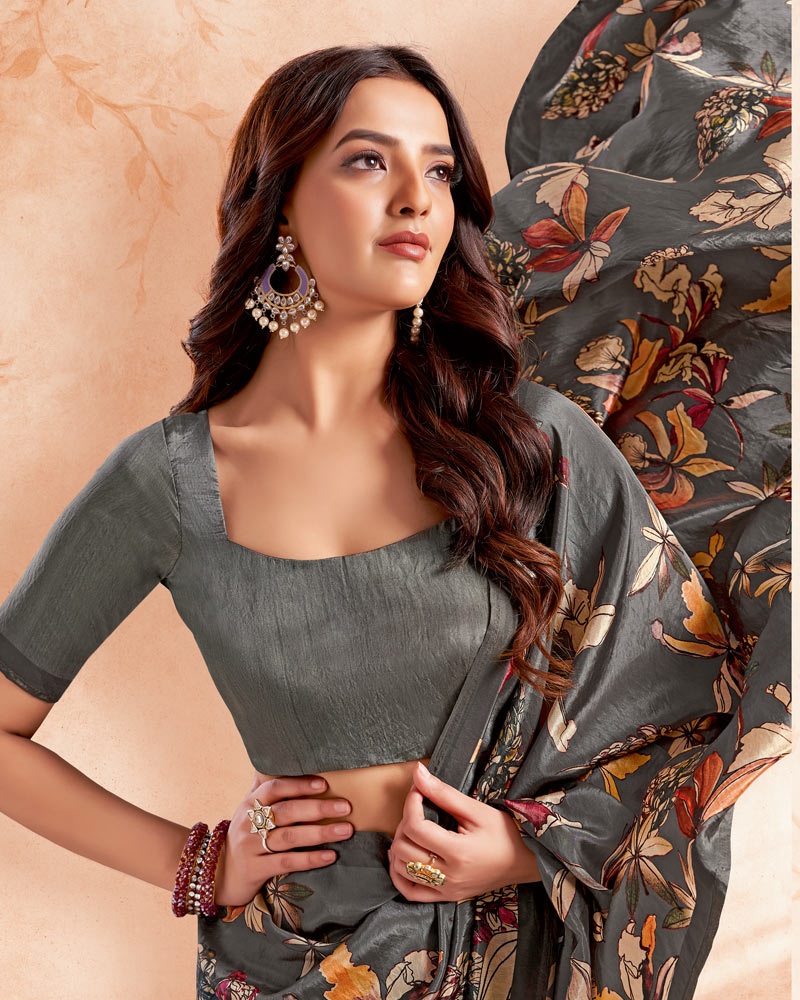 Vishal Prints Grey Designer Premium Printed Crepe Silk Saree