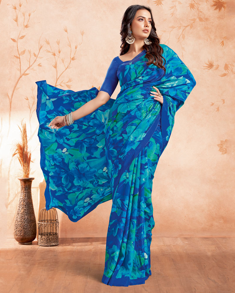 Vishal Prints Blue Designer Premium Printed Crepe Silk Saree
