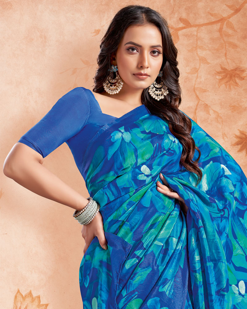 Vishal Prints Blue Designer Premium Printed Crepe Silk Saree
