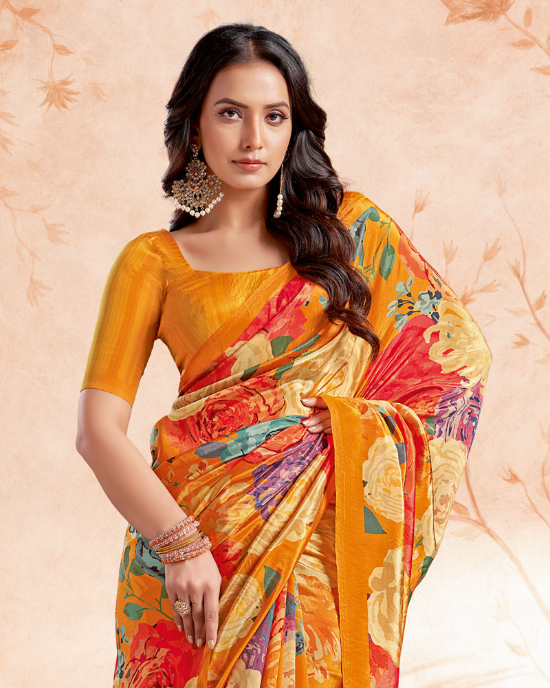 Vishal Prints Orange Designer Premium Printed Crepe Silk Saree