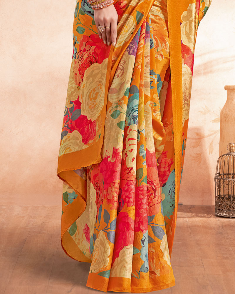 Vishal Prints Orange Designer Premium Printed Crepe Silk Saree