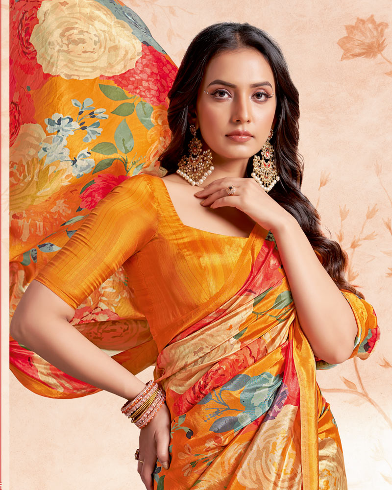 Vishal Prints Orange Designer Premium Printed Crepe Silk Saree