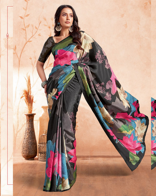 Vishal Prints Black Designer Premium Printed Crepe Silk Saree