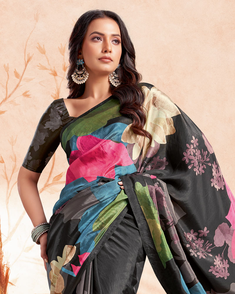 Vishal Prints Black Designer Premium Printed Crepe Silk Saree