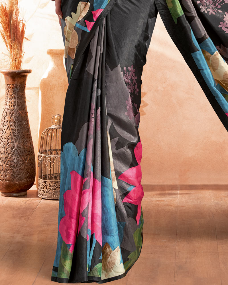 Vishal Prints Black Designer Premium Printed Crepe Silk Saree