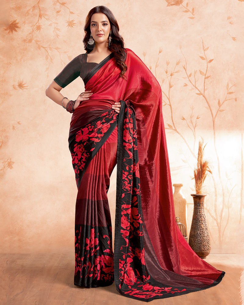Vishal Prints Bright Red Designer Premium Printed Crepe Silk Saree