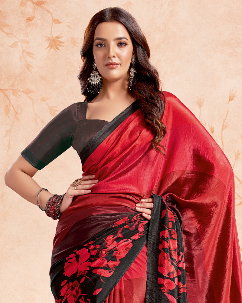Vishal Prints Bright Red Designer Premium Printed Crepe Silk Saree