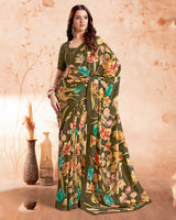 Vishal Prints Olive Green Designer Premium Printed Crepe Silk Saree