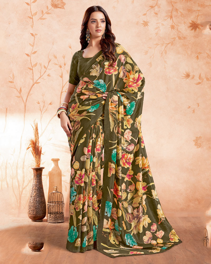Vishal Prints Olive Green Designer Premium Printed Crepe Silk Saree
