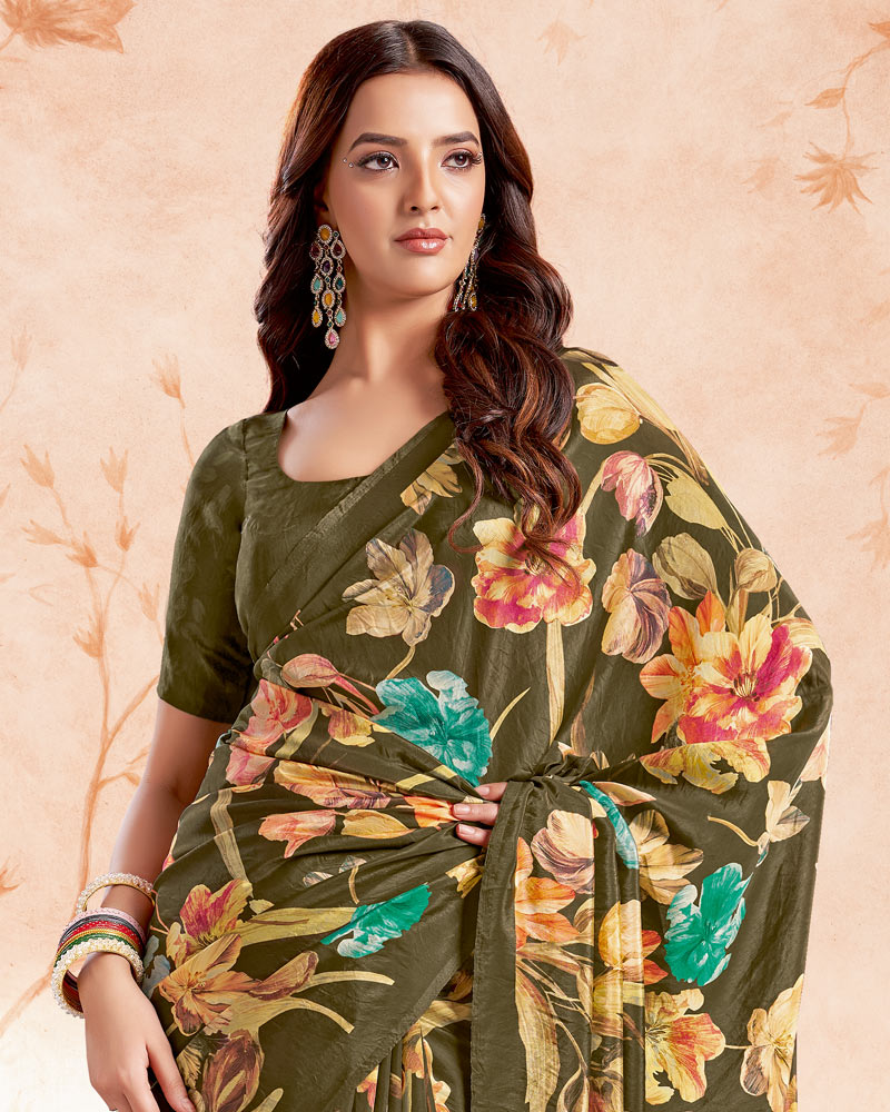 Vishal Prints Olive Green Designer Premium Printed Crepe Silk Saree