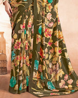 Vishal Prints Olive Green Designer Premium Printed Crepe Silk Saree