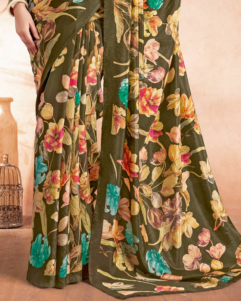Vishal Prints Olive Green Designer Premium Printed Crepe Silk Saree