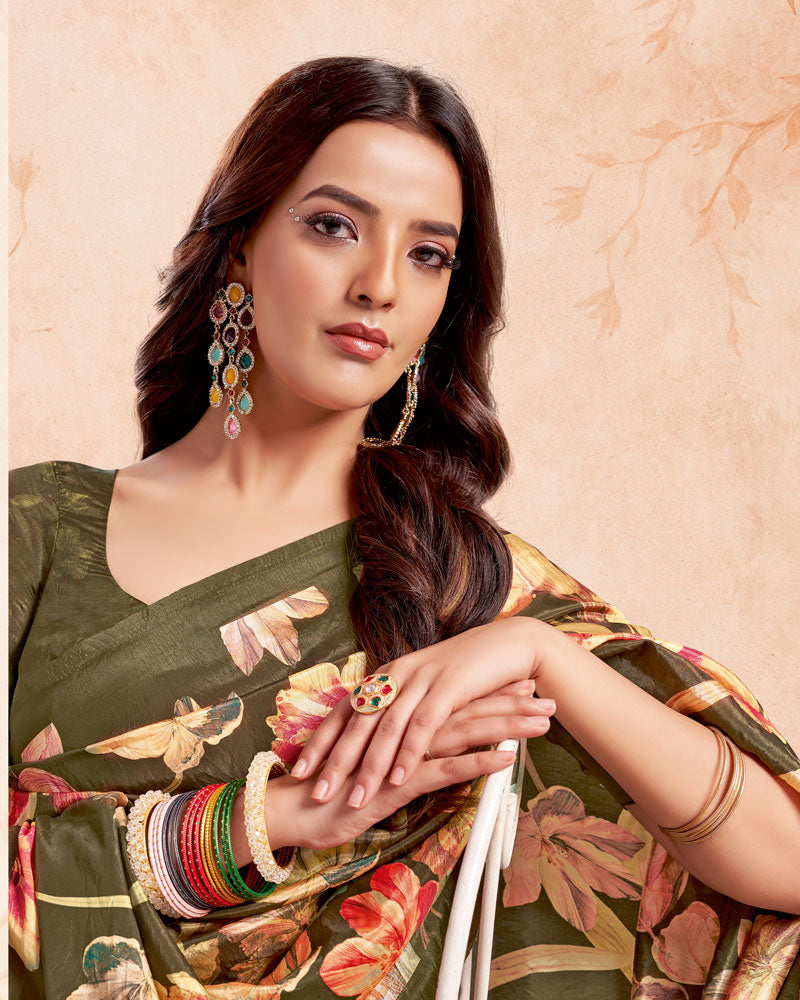 Vishal Prints Olive Green Designer Premium Printed Crepe Silk Saree