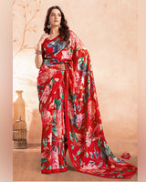 Vishal Prints Scarlet Red Designer Premium Printed Crepe Silk Saree