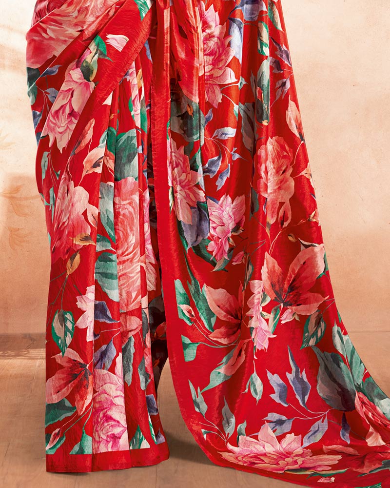 Vishal Prints Scarlet Red Designer Premium Printed Crepe Silk Saree