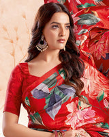 Vishal Prints Scarlet Red Designer Premium Printed Crepe Silk Saree