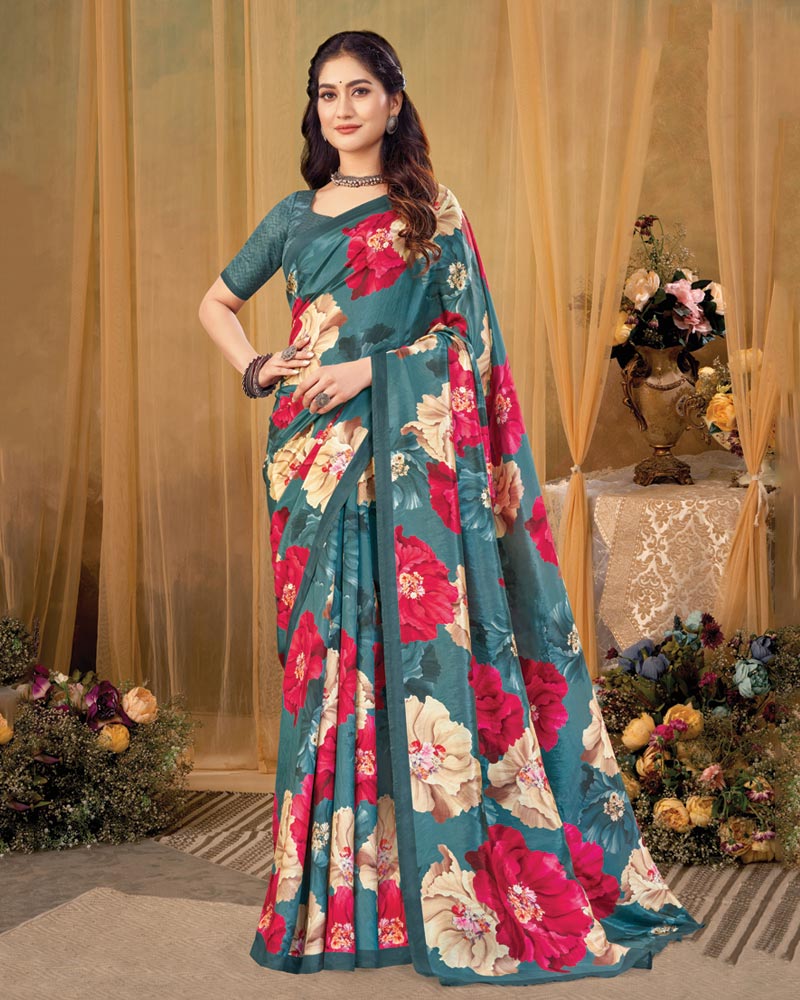 Vishal Prints Dark Slate Grey Digital Print Premium Crepe Silk Saree