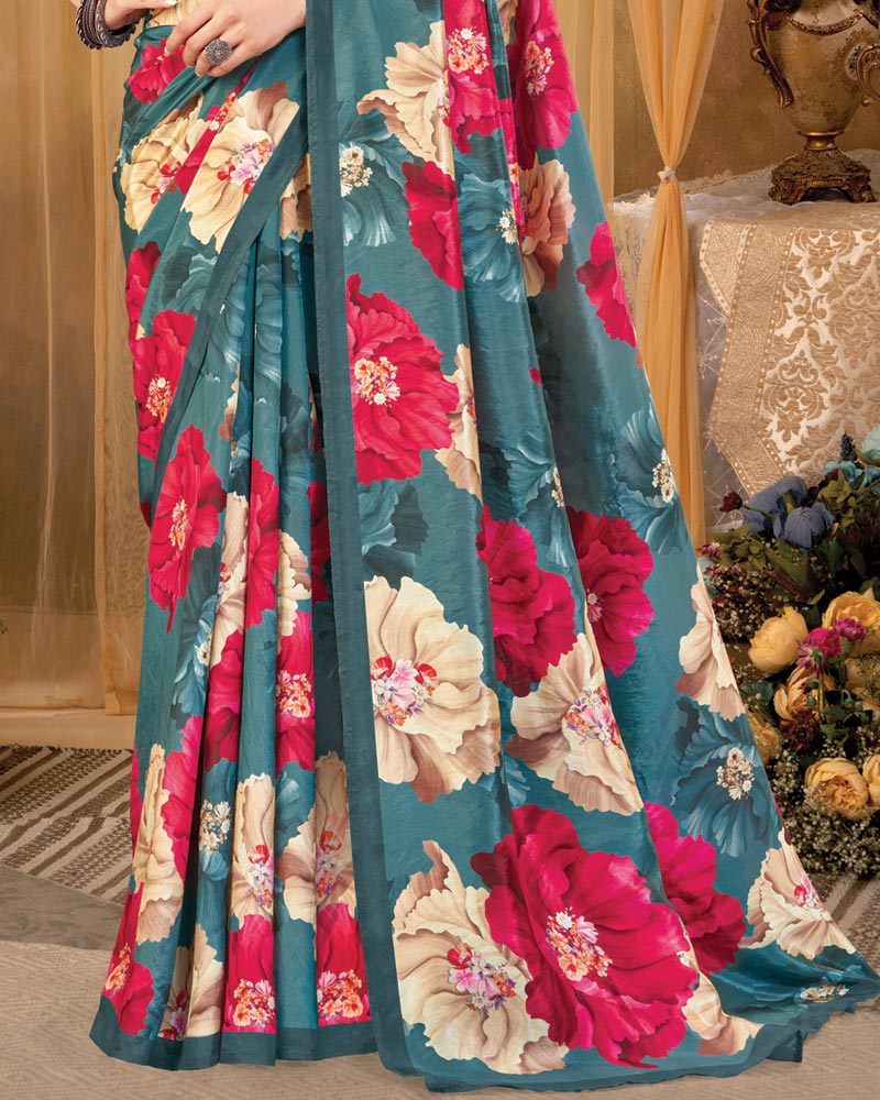 Vishal Prints Dark Slate Grey Digital Print Premium Crepe Silk Saree