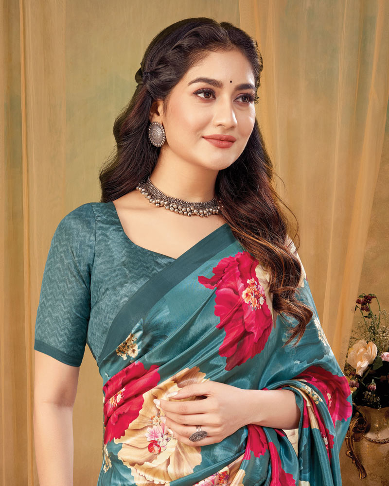 Vishal Prints Dark Slate Grey Digital Print Premium Crepe Silk Saree