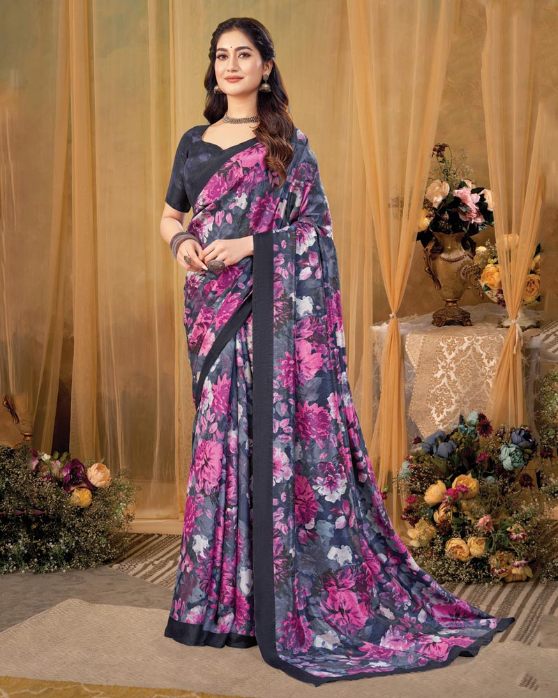 Vishal Prints Royal Fuchsia Digital Print Premium Crepe Silk Saree