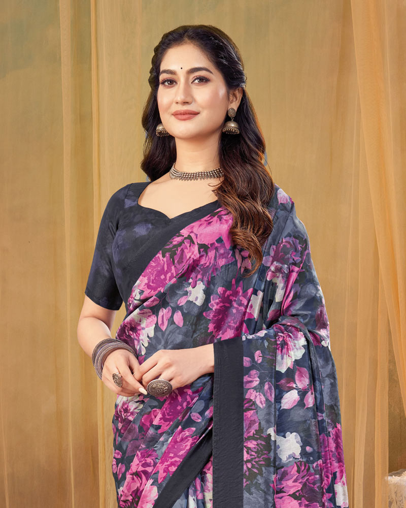 Vishal Prints Royal Fuchsia Digital Print Premium Crepe Silk Saree