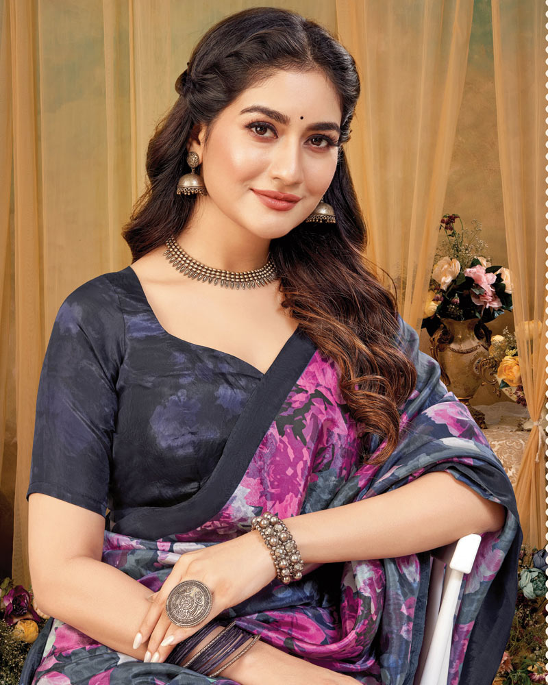 Vishal Prints Royal Fuchsia Digital Print Premium Crepe Silk Saree