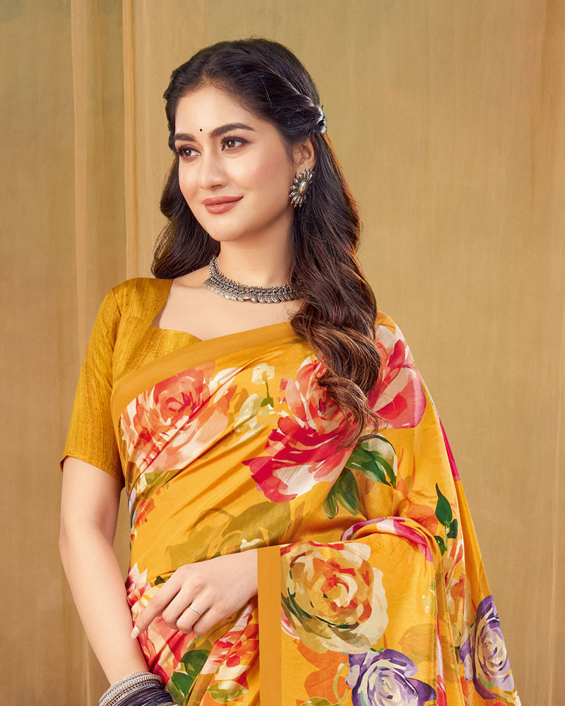Vishal Prints Carrot Orange Digital Print Premium Crepe Silk Saree