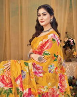 Vishal Prints Carrot Orange Digital Print Premium Crepe Silk Saree