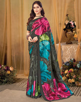 Vishal Prints Smokey Black Digital Print Premium Crepe Silk Saree