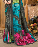 Vishal Prints Smokey Black Digital Print Premium Crepe Silk Saree