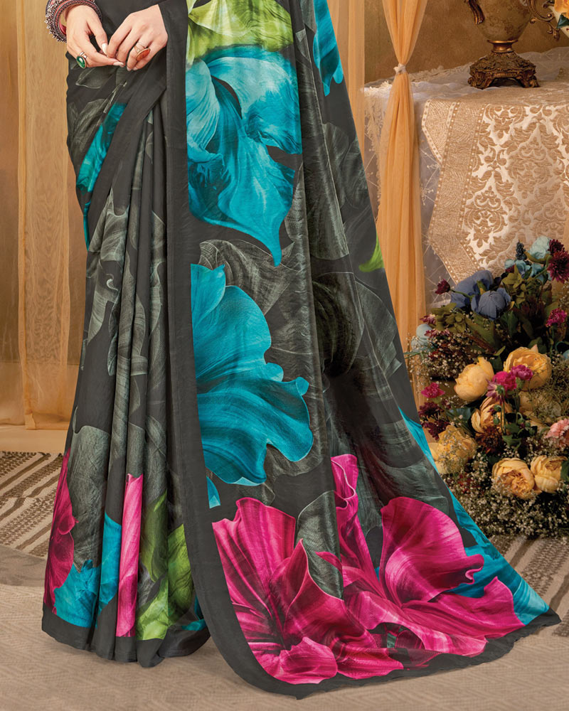 Vishal Prints Smokey Black Digital Print Premium Crepe Silk Saree