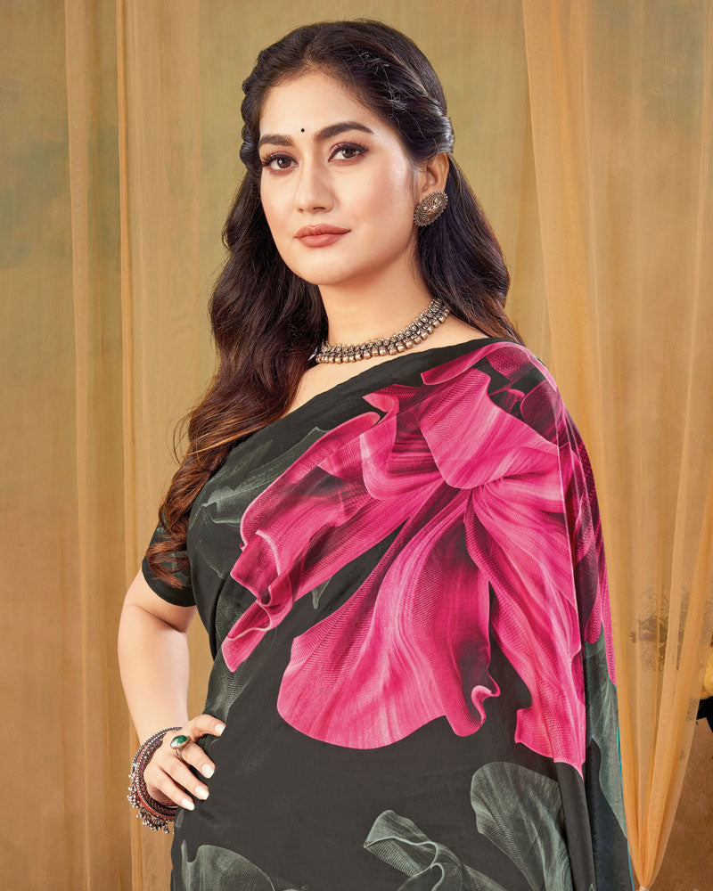 Vishal Prints Smokey Black Digital Print Premium Crepe Silk Saree