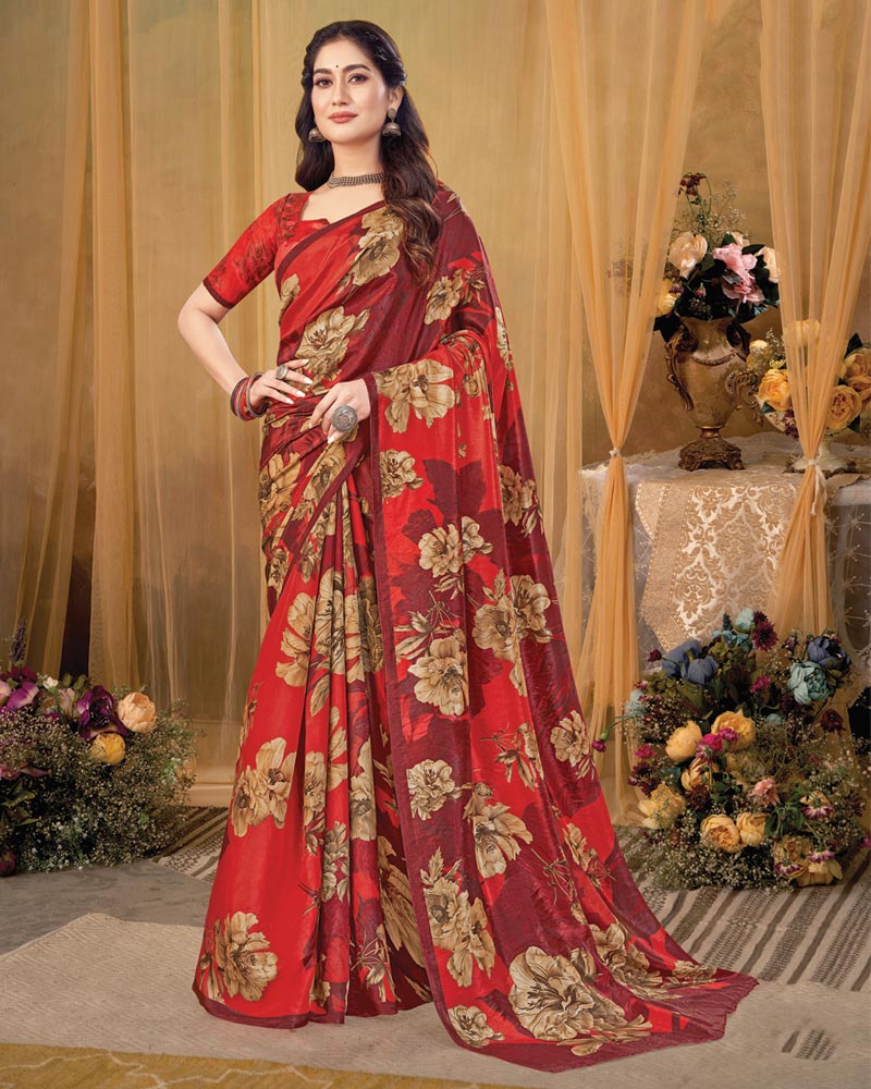 Vishal Prints Persian Red Digital Print Premium Crepe Silk Saree