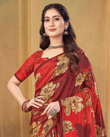 Vishal Prints Persian Red Digital Print Premium Crepe Silk Saree