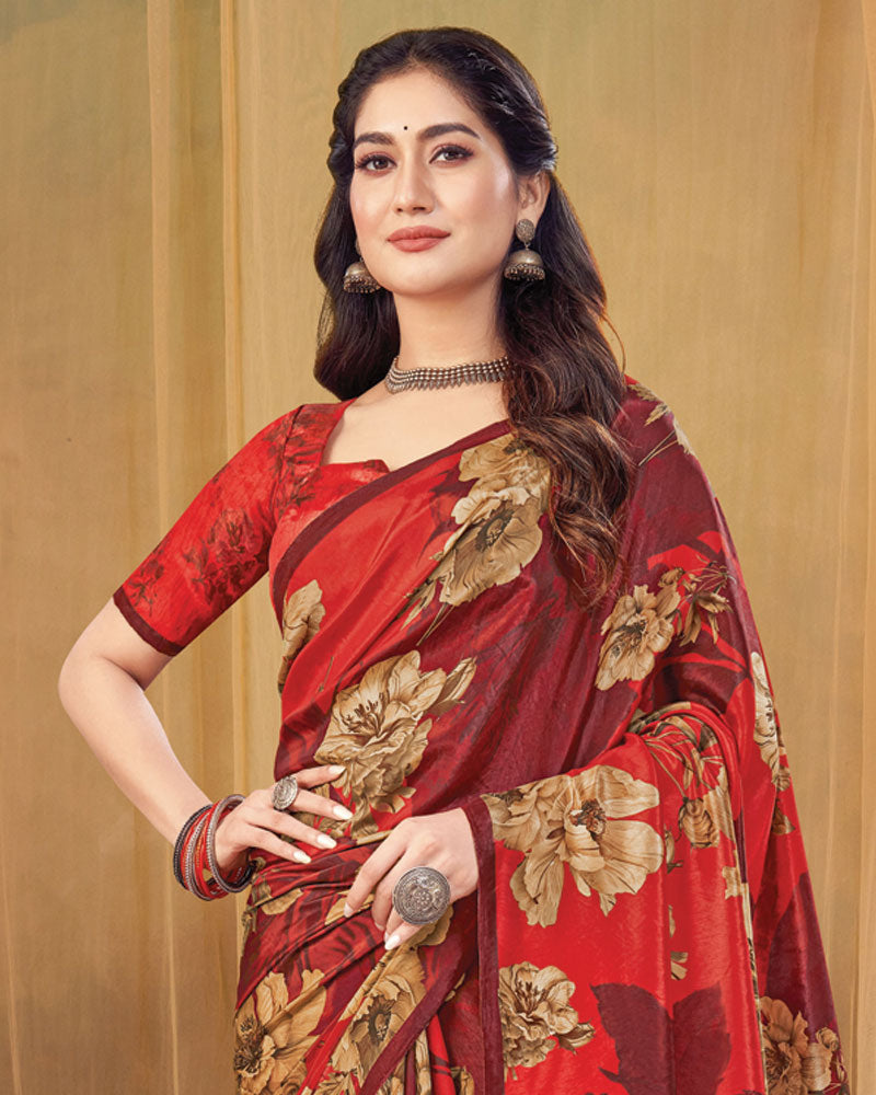 Vishal Prints Persian Red Digital Print Premium Crepe Silk Saree