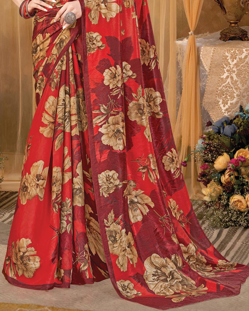 Vishal Prints Persian Red Digital Print Premium Crepe Silk Saree