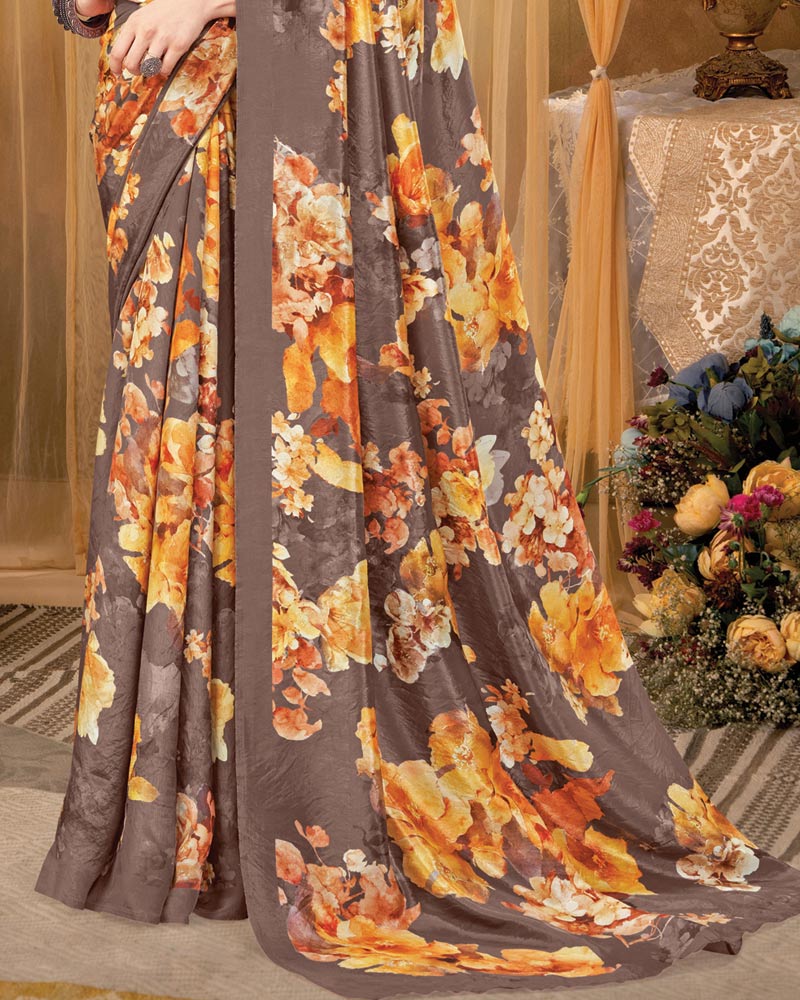 Vishal Prints Pastel Brown Digital Print Premium Crepe Silk Saree