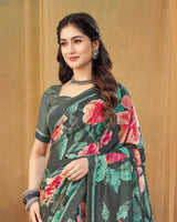 Vishal Prints Charcoal Grey Digital Print Premium Crepe Silk Saree