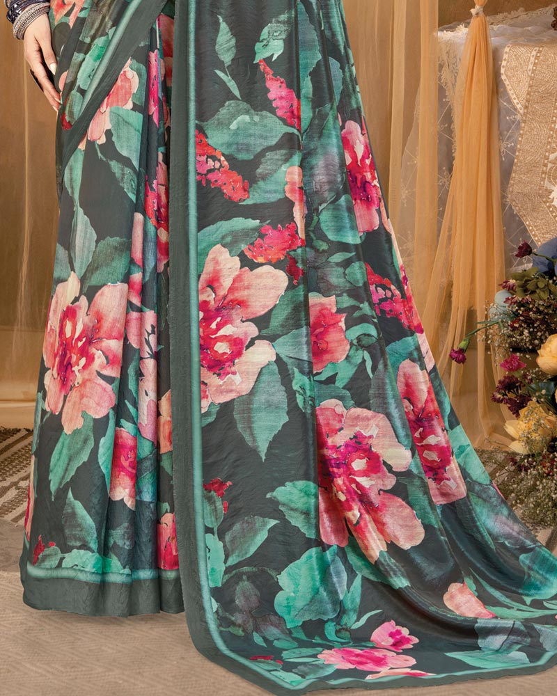 Vishal Prints Charcoal Grey Digital Print Premium Crepe Silk Saree