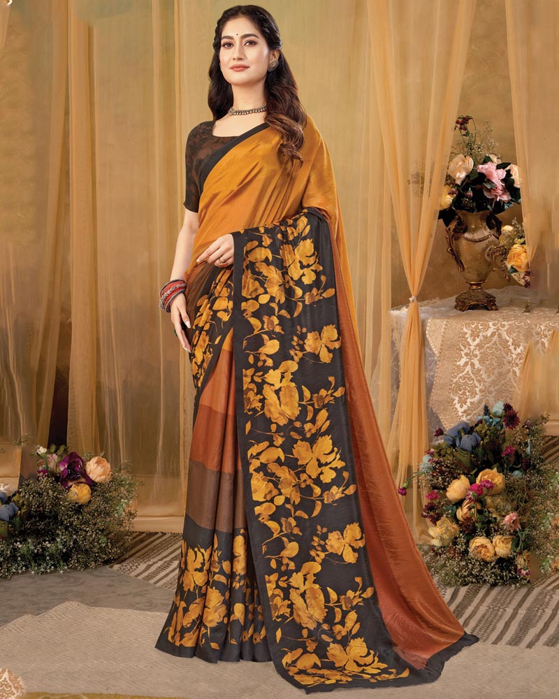 Vishal Prints Dusty Orange Digital Print Premium Crepe Silk Saree