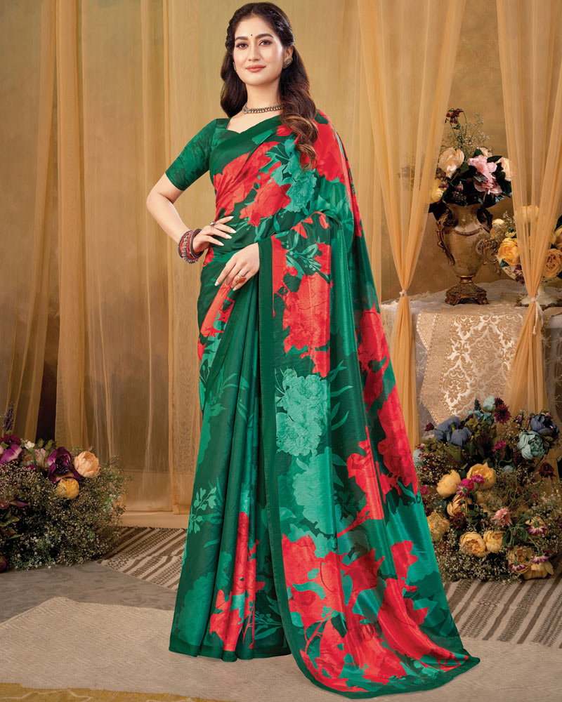 Vishal Prints Dark Spring Green Digital Print Premium Crepe Silk Saree