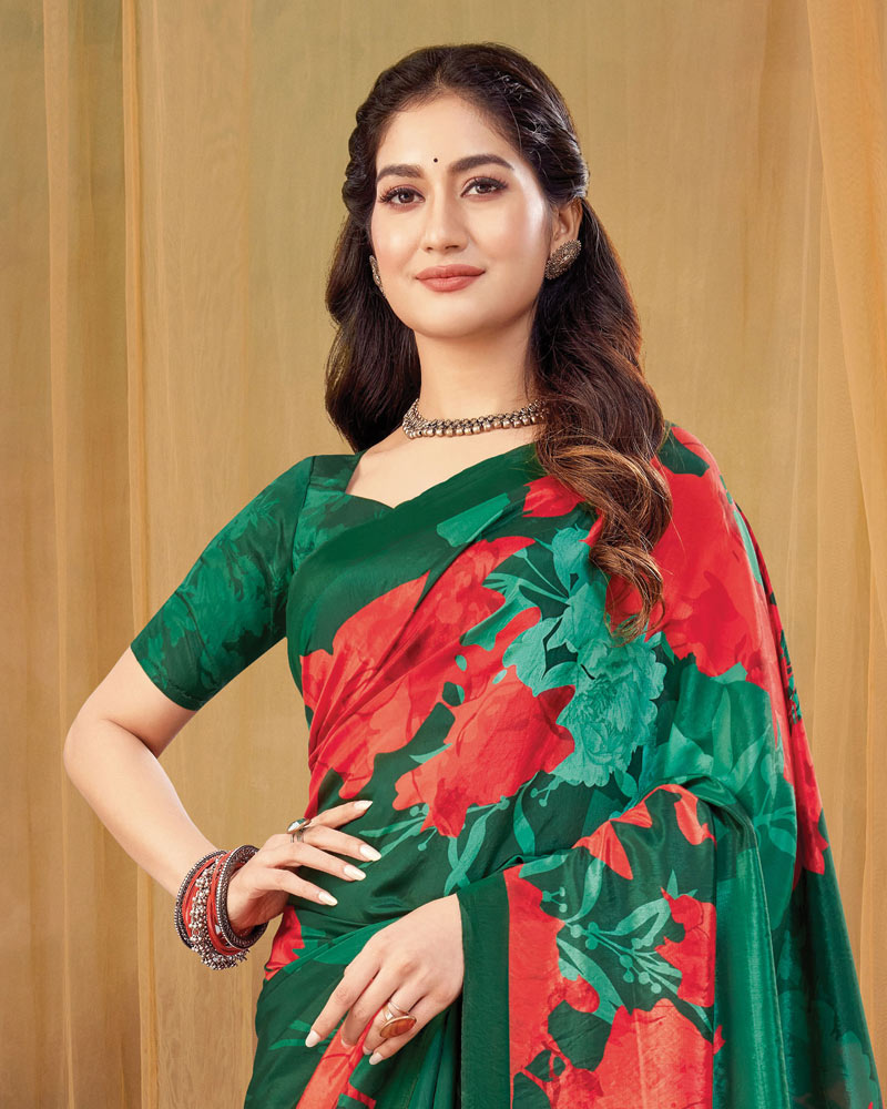 Vishal Prints Dark Spring Green Digital Print Premium Crepe Silk Saree