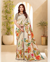 Vishal Prints Royal Cream Digital Print Premium Crepe Silk Saree
