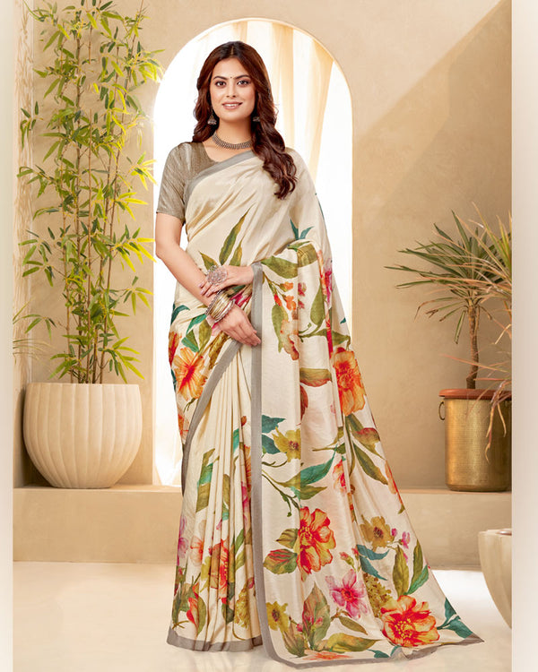 Vishal Prints Royal Cream Digital Print Premium Crepe Silk Saree